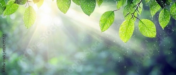 Fototapeta Close-up of vibrant green leaves with visible water droplets, bathed in soft sunlight filtering through a forest canopy. The background is softly blurred, creat