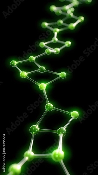 Fototapeta A 3D render of a green molecular structure with glowing nodes and connections against a dark, black background. The structure appears to be a chain of interconn