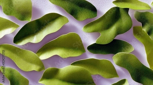 Fototapeta A top-down view of numerous green maple seeds, also known as samaras, scattered across a textured light purple surface. The seeds are organic in shape and vary