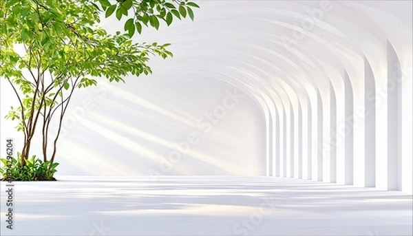Fototapeta A vibrant green tree with lush leaves stands in a bright, minimalist white hallway with repeating arches. Sunlight streams through, casting dramatic shadows and