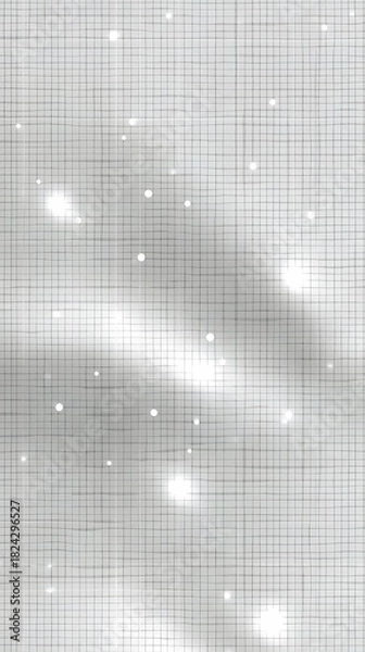 Fototapeta An abstract background featuring a grid pattern with scattered bokeh lights and sparkles, rendered in shades of gray and white.