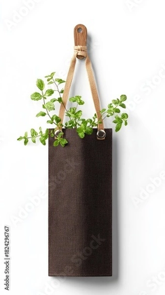 Fototapeta A dark brown fabric planter with green leaves is hanging from a wooden hook by leather straps against a clean white background, illuminated by soft natural ligh