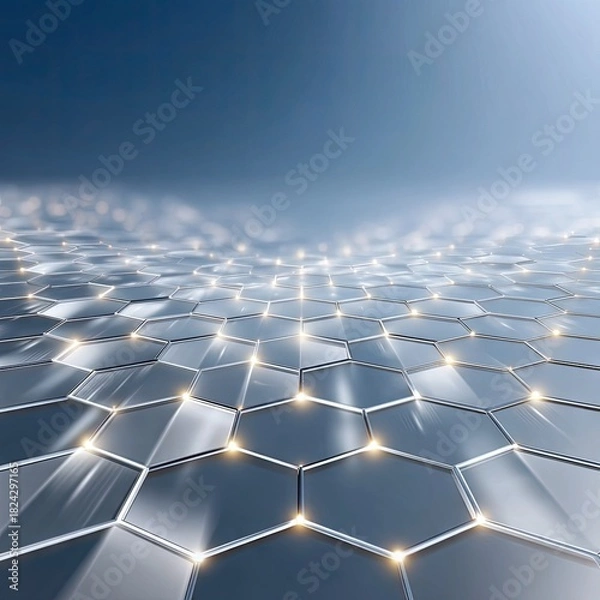 Fototapeta A futuristic hexagonal grid pattern with illuminated nodes, stretching into the distance against a soft blue gradient sky. The lighting is subtle and ethereal.