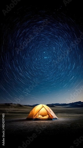Fototapeta A single, orange tent glows warmly in the vast, dark desert landscape under a sky filled with mesmerizing star trails. The scene evokes a sense of solitude and
