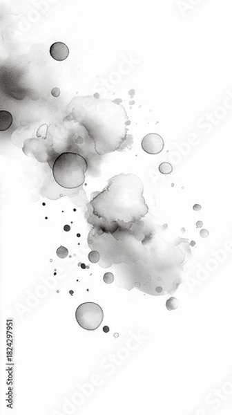Fototapeta Abstract ink splatters and circular shapes resembling bubbles on a clean white background, creating a minimalist and ethereal effect.