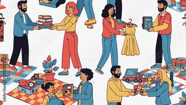 Obraz Charity Flea Market Seamless Pattern Community Donations and Sustainable Shopping