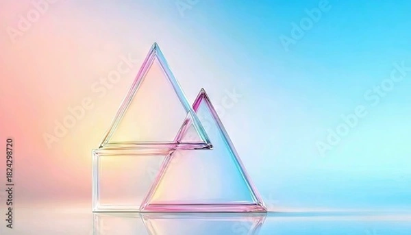 Fototapeta Two interlocking geometric shapes, a square and two triangles, made of clear glass, refract iridescent colors against a soft gradient background of pink, yellow