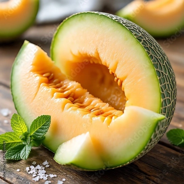 Obraz Close-Up of Juicy Cantaloupe Slice with Mint Leaves and Sea Salt