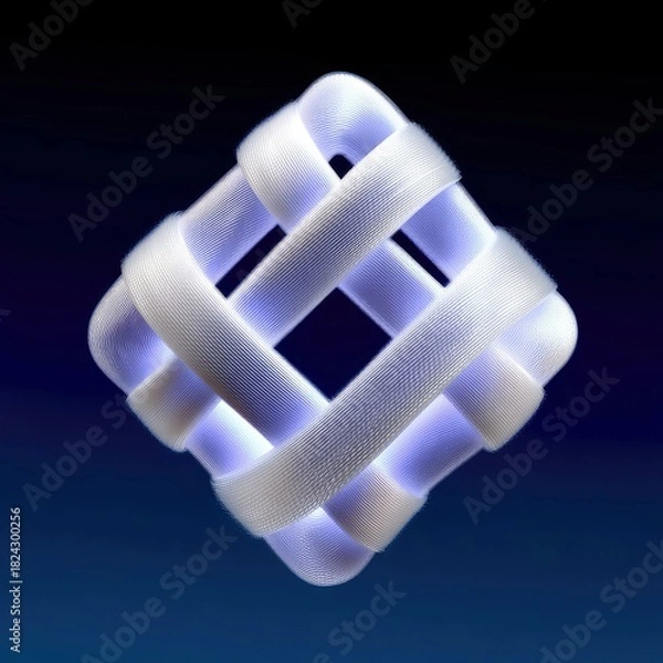 Fototapeta A complex, three-dimensional geometric shape constructed from interwoven white ribbons. The object is illuminated with soft blue light, creating a glowing effec