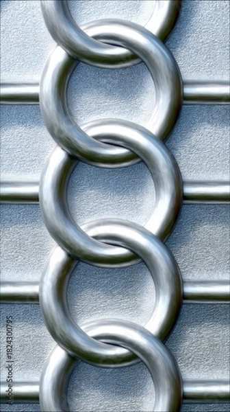 Fototapeta A close-up view of several interlocking metal chain links against a textured, light gray background. The lighting is cool and highlights the metallic sheen of t