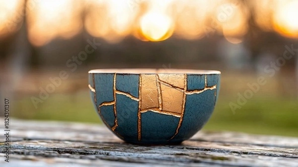Fototapeta A teal Kintsugi bowl with gold repairs sits on a weathered wooden surface. The background is softly blurred with warm golden hour light.