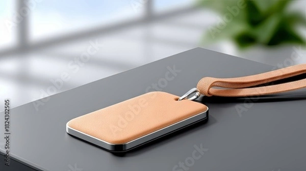 Fototapeta A close-up shot of a rectangular leather keychain fob with a tan surface and a metallic silver trim, attached to a tan leather wrist strap. The fob rests on a d