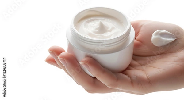 Fototapeta Closeup of a hand holding a jar of white cream isolated on transparent background