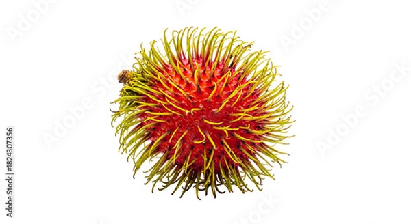 Fototapeta Single rambutan fruit with red and yellow spiky exterior and soft curved hairs—exotic, vibrant, and visually distinctive