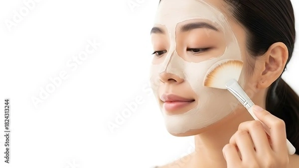 Obraz Young Woman Applying Face Mask with Brush for Skincare Treatment, Beauty and Spa Routine Concept