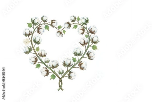 Fototapeta Cotton branch forming heart shape on white background  organic cotton farming