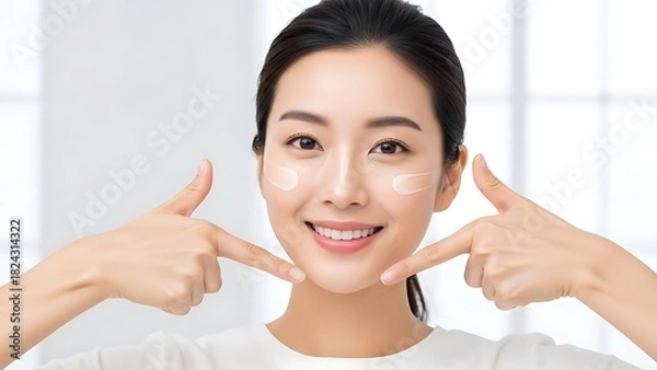 Obraz Youthful Asian Woman Applying Skincare Creams with a Bright Smile in Natural Light