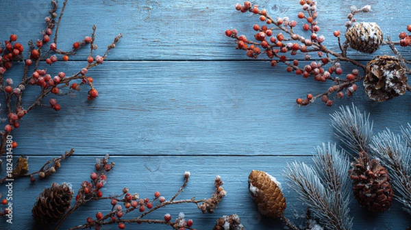 Obraz Winter holiday scene with blue wood background pine branches berries and pinecones