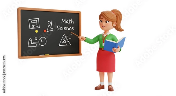 Fototapeta Cartoon teacher pointing at blackboard with math and science symbols silhouette