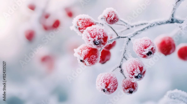 Obraz Frost covered red rowanberries hanging on branches in crisp winter air