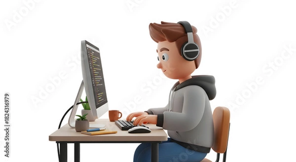 Fototapeta Young boy in silhouette using a computer with headphones