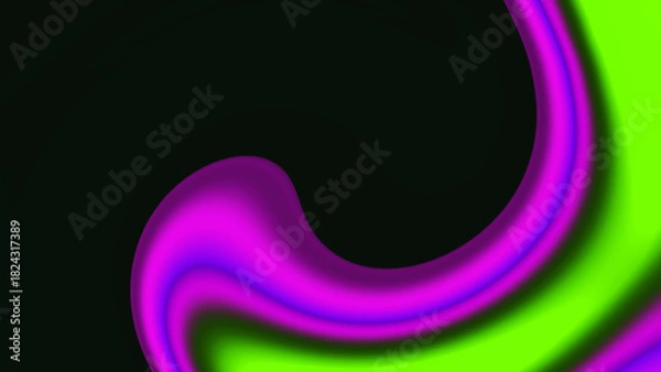 Fototapeta Bright fluid violet, neon green swirl on black background. Abstract defocused purple pink wave. Glitch Art tech trippy digital card. Backdrop. Royal banner. Template. Luxury texture. flyer. Spiral.