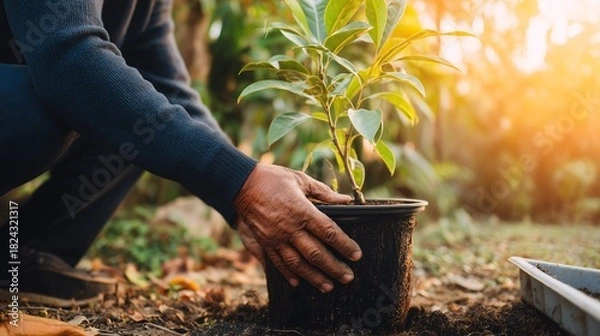 Obraz Hands planting young tree in soil during gardening and reforestation activity