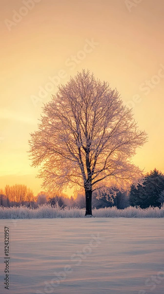 Obraz Lone winter tree glowing warmly under sunrise across snowy open field