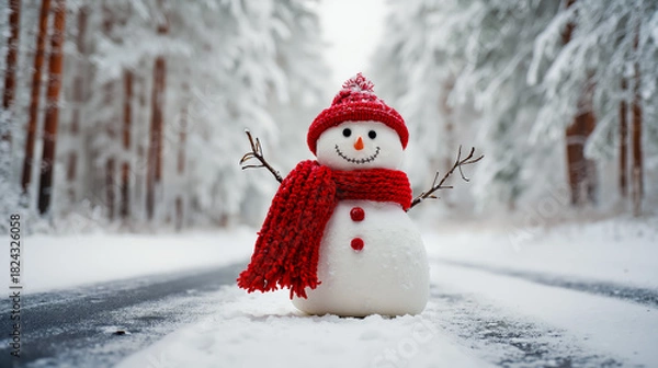 Obraz A snowman with a red hat and scarf stands in the snow on a road
