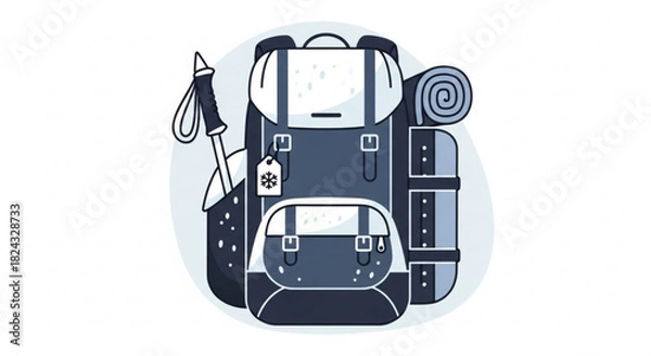 Fototapeta Illustration of a blue and white hiking backpack with a rolled sleeping mat and trekking pole attached