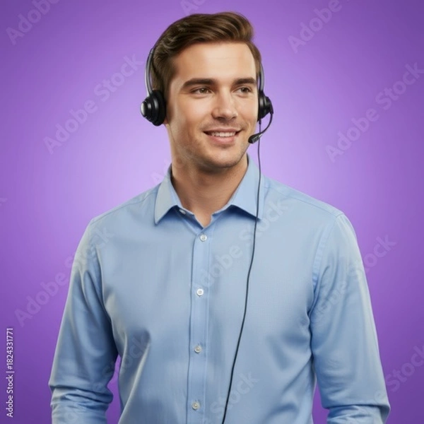 Fototapeta Smiling male customer service agent wearing a headset