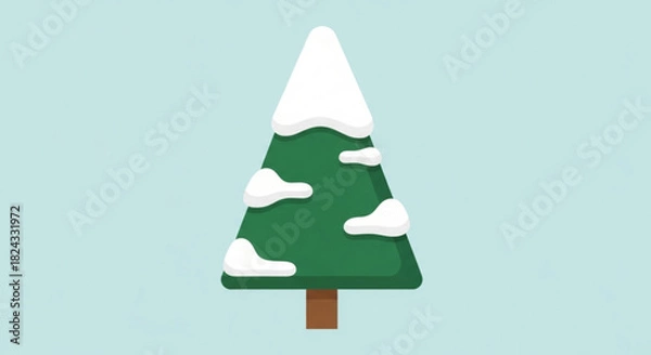 Fototapeta Simple cartoon illustration of a green fir tree covered with white snow patches against a light blue background for winter holiday design
