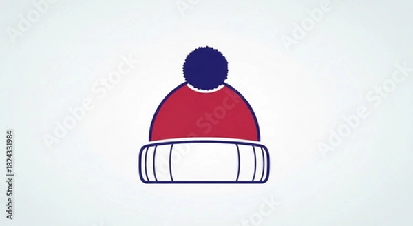 Fototapeta Simple illustration of a red and white winter beanie hat with a dark blue pompom on top