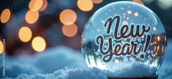 Fototapeta Macro close-up of a glittering snow globe with cursive New Year text, shallow focus on falling snow crystals with pastel bokeh.