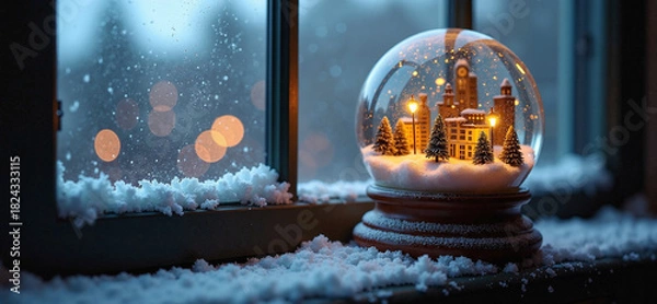 Fototapeta Moody twilight shot of a glowing city skyline snow globe on a frosted windowsill amid gentle snowfall and warm interior glow