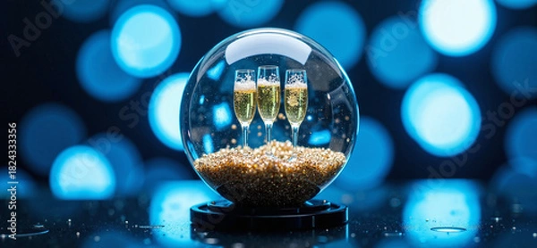 Fototapeta Side view of glass orb with miniature champagne flutes and swirling glitter on sleek black base against blue bokeh.
