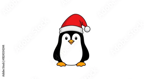 Fototapeta Cute cartoon penguin wearing a red and white santa hat, for festive holiday design element