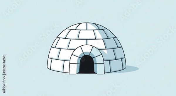 Fototapeta Simple cartoon illustration of a traditional igloo made of snow blocks with an arched doorway, set against a light blue background