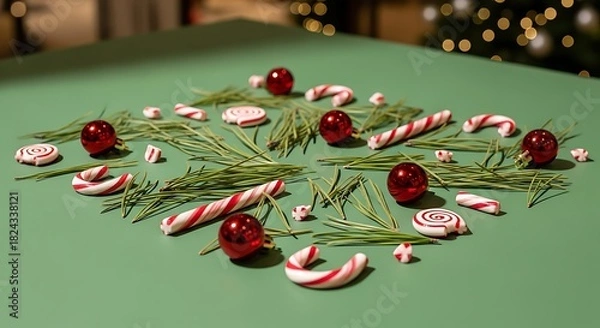 Obraz Festive Holiday Arrangement with Candy Canes, Red Ornaments, and Pine Sprigs on Green Surface for Christmas Decor or Seasonal Celebrations