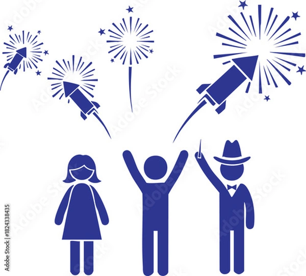 Fototapeta Celebration of national holiday with fireworks and stick figures enjoying the festive atmosphere cheerfully