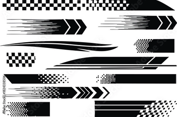 Fototapeta Set of black and white racing stripes graphics for vehicle decoration and customization