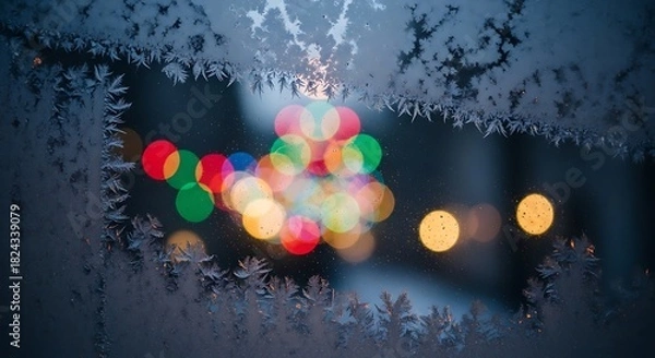 Obraz Festive Holiday Lights Through Frosted Window with Frosty Border in Soft Focus