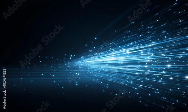 Fototapeta A dynamic blue light beam radiating through a dark background, symbolizing speed, innovation, and technological advancement.