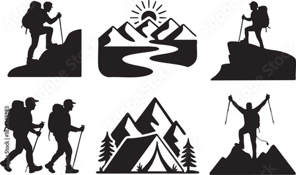 Obraz Black silhouette hikers with backpacks and trekking poles on mountains and camping scenes vector
