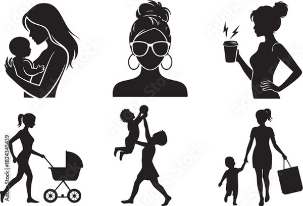 Fototapeta Black silhouette icons of mothers with babies and children in various activities baby family