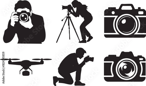 Fototapeta Black silhouettes of photographers with cameras and drone on white background tripod