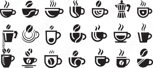 Fototapeta Collection of black and white coffee cup and moka pot icons with steam and beans drink