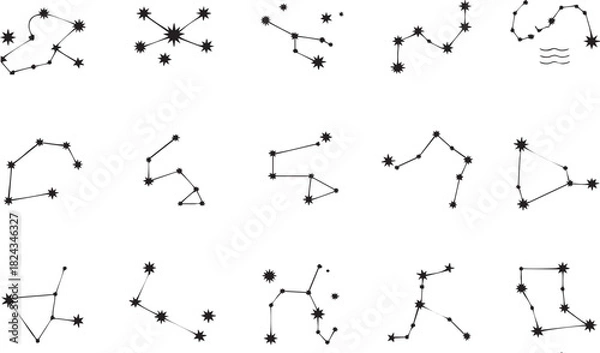 Fototapeta Collection of black line art constellations and stars on white background galaxy space
