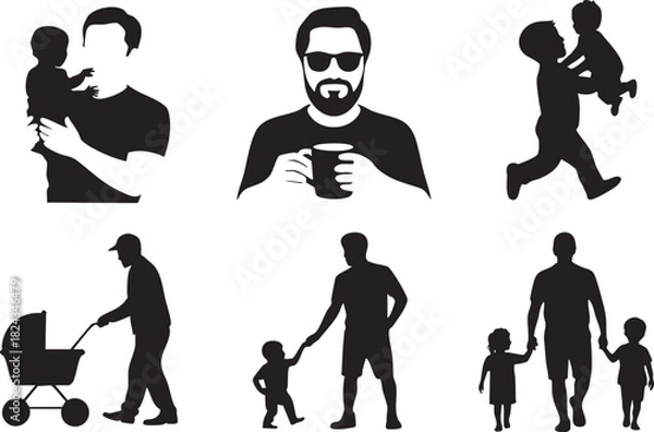 Fototapeta Collection of black silhouettes of fathers with children and baby stroller vector