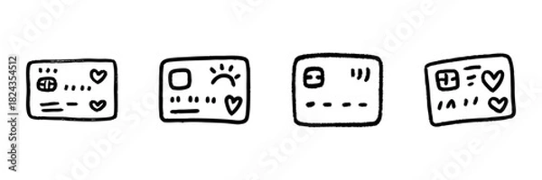 Fototapeta Credit Card Line Icon Set In Doodle Style. Financial Transactions, Payment Methods, And Banking Services Outline Sketch Collection. Hand Drawn Isolated Vector Illustration